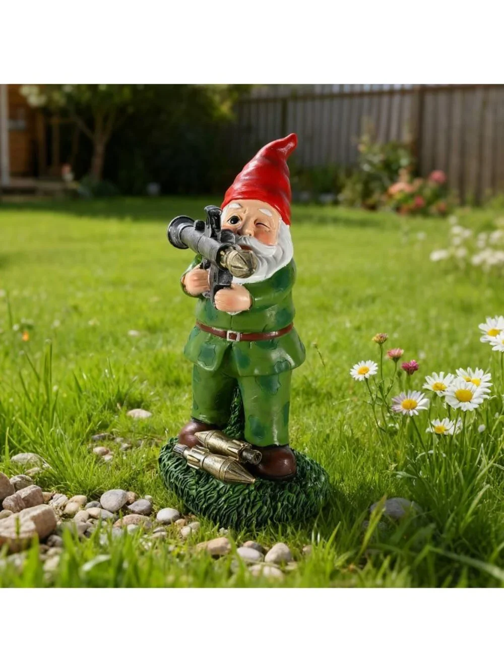 Large Solar Garden Gnome Statue - Military Soldier Decor, Unique Outdoor